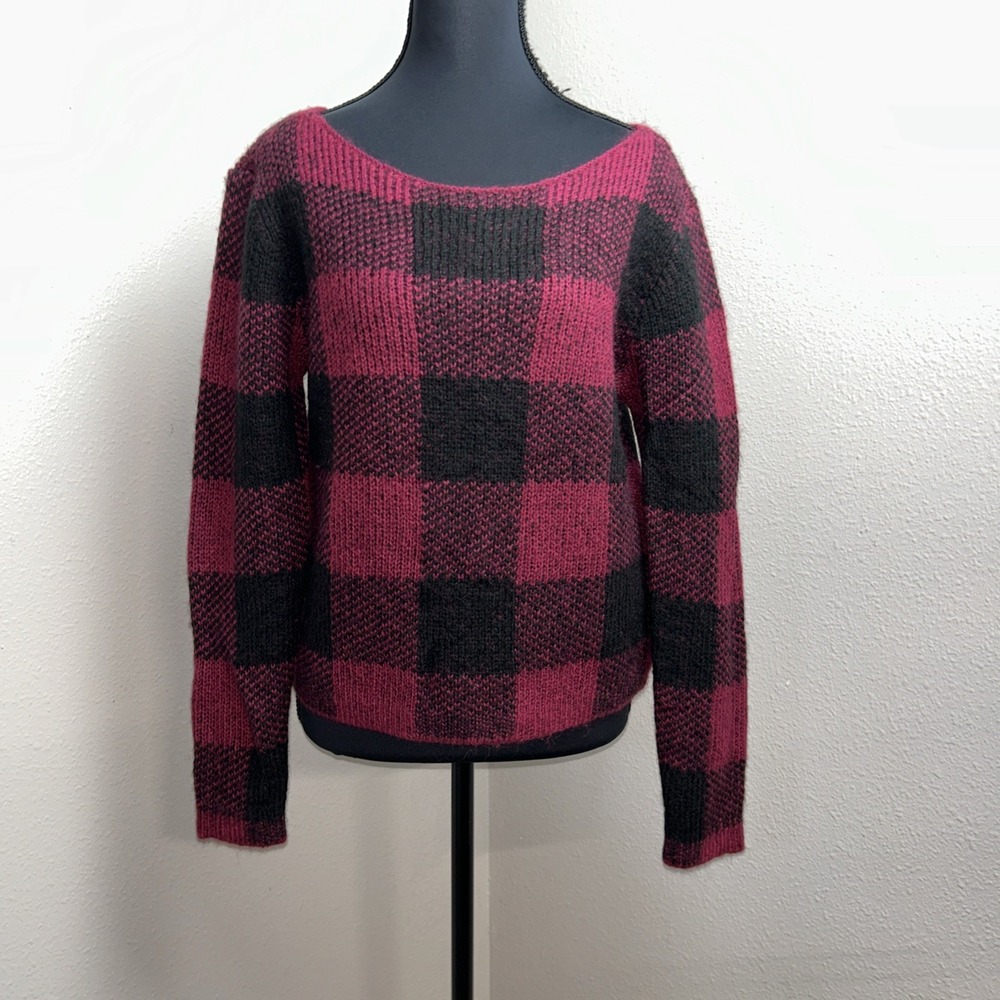 Gap Sweater Women's Small Maroon & Black Checkered Plaid Soft Wool Blend Artsy